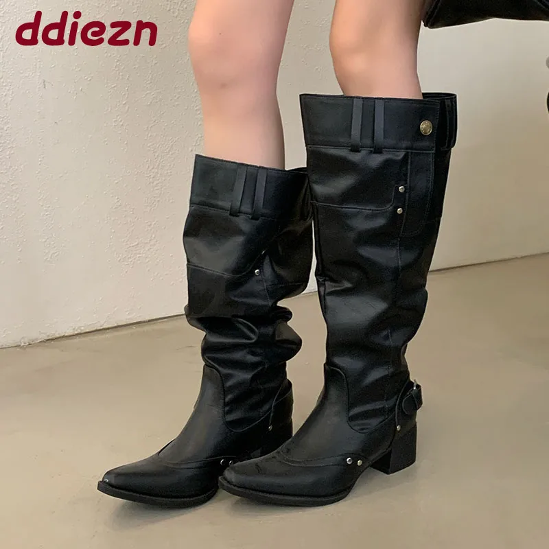 

Женские вечерние современные сапоги до колена на каблуке, женская обувь с пряжкой, модные женские высокие сапоги с острым носком, туфли-лодочки