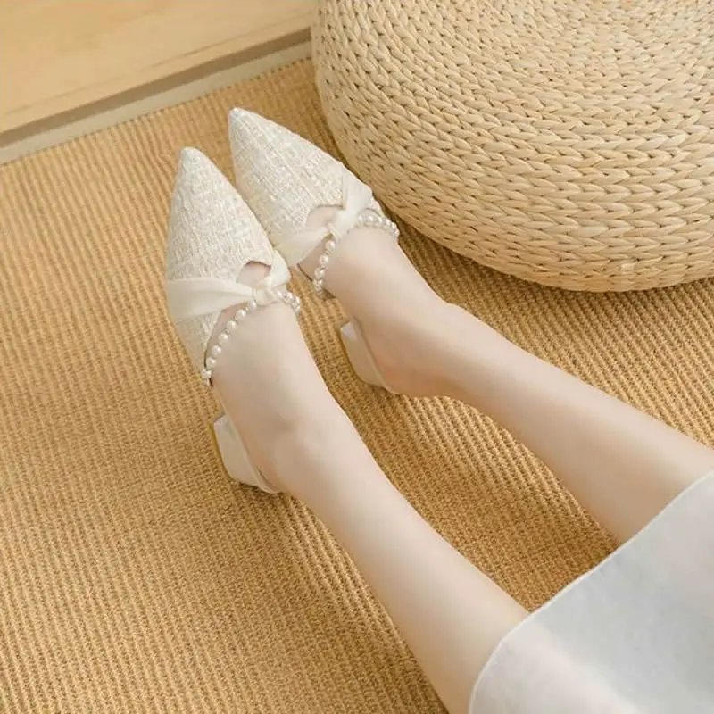 Ladies Half Slippers Beige Color Shoes Designer Fabric and Leather Footwear For Women Street And Working Wear Girls With Pearl