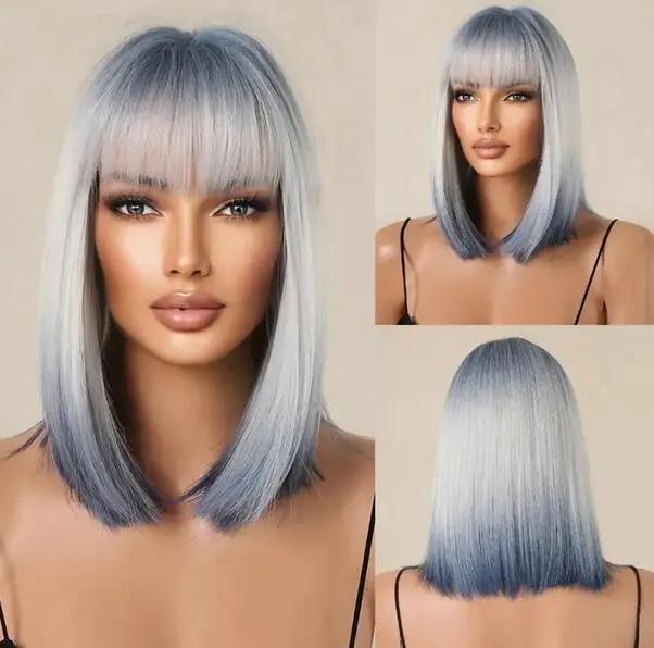 

Short style blue gray straight leg wig with bangs for women