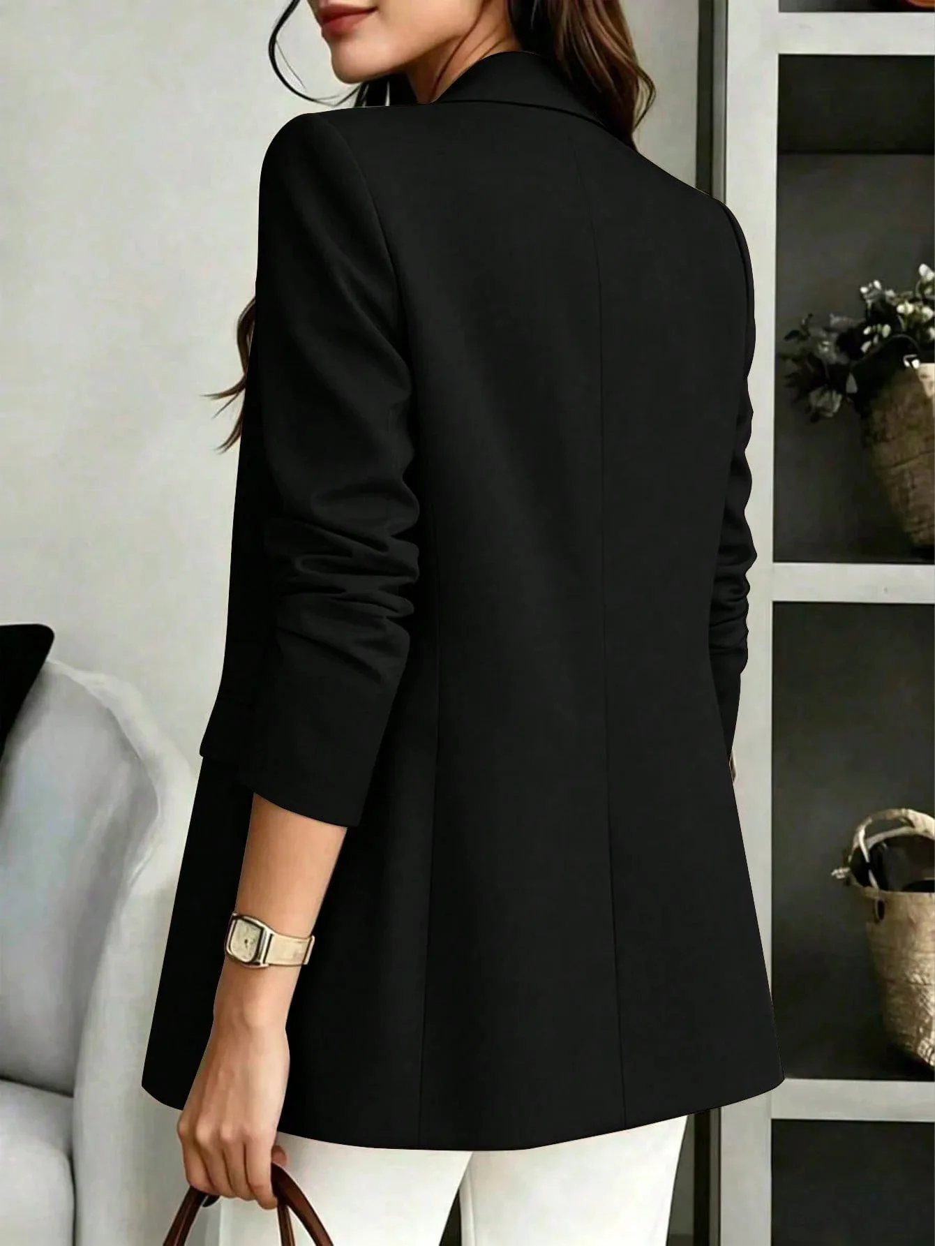 Damen-Blazer mit Reverskragen, Ein-Knopf-Verschluss, Langarm-Jacke mit Scheintaschen, Elegante Büro-Business-Formelle Oberbekleidung – Detail 12