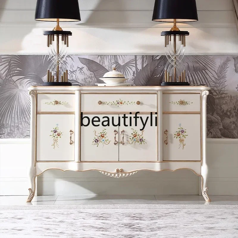 N178 G French-style painted entrance cabinet European-style villa hand-carved art decorative cabinet Solid wood dining side cabi