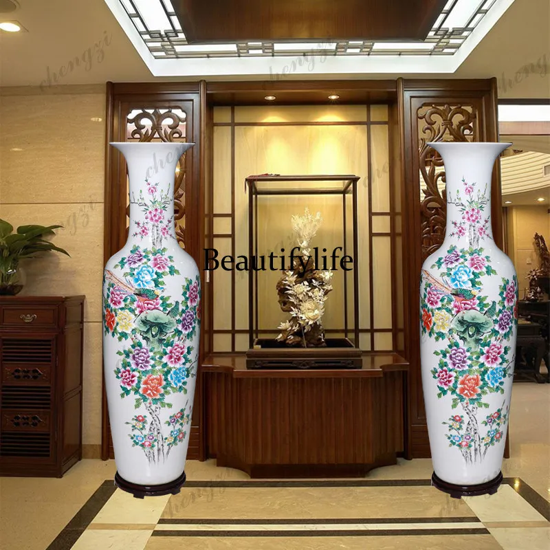 Floor-to-ceiling large vase hand-painted pastel flower and bird peony Jingdezhen ceramics New Chinese style