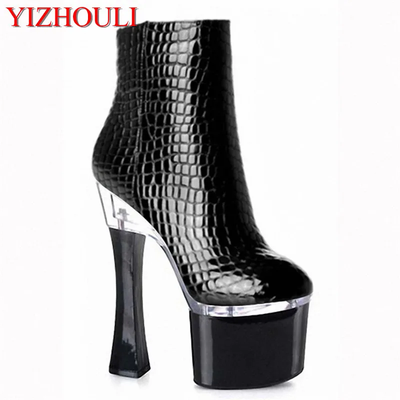 

Fashion women's 17-18 cm thick soles, spring and autumn high heels 7-8 inches serpentine upper, square ankle dance shoes