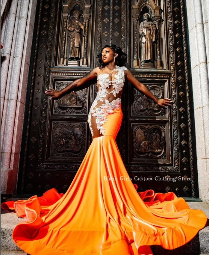 Gorgeous Orange Mermaid Prom Dress 2025 Elegant Beaded Applique Sexy See-through Mesh Black Girls abito cerimonia donna Custom