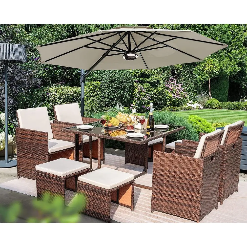 

Brown 9-Piece Outdoor Patio Wicker Sectional Furniture Set with Cushioned Chairs and Glass Table