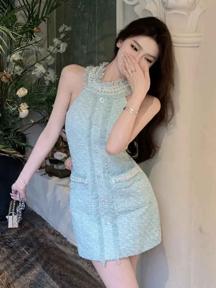 

High Quality French Luxury Beading Small Fragrant Tweed Dress For Women 2023 Summer Korean Fashion Hotsweet Woolen Party Dresses