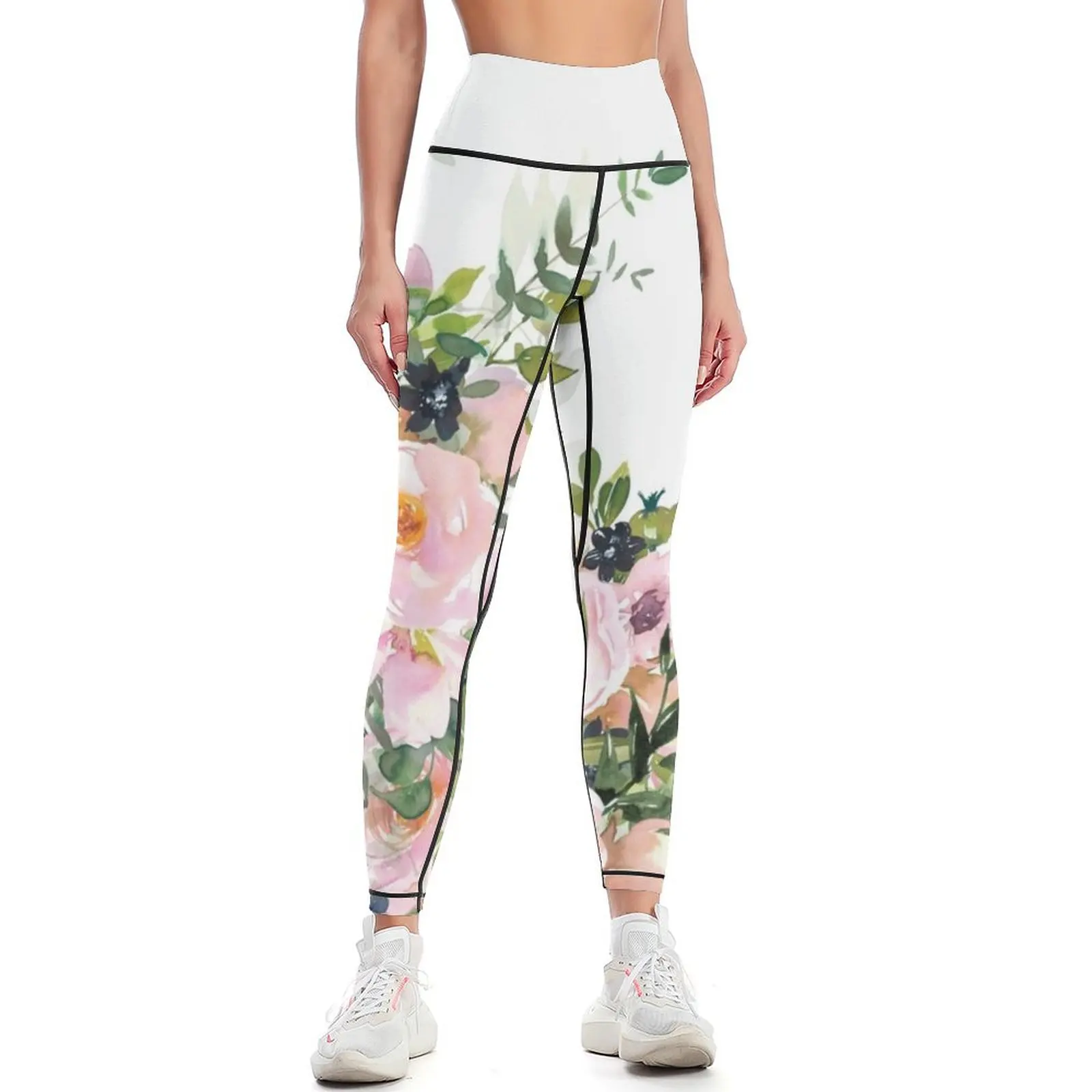 Boho, Floral Watercolor Roses, Pink, White and Green Leggings workout shorts Clothing fitness sports for gym Womens Leggings