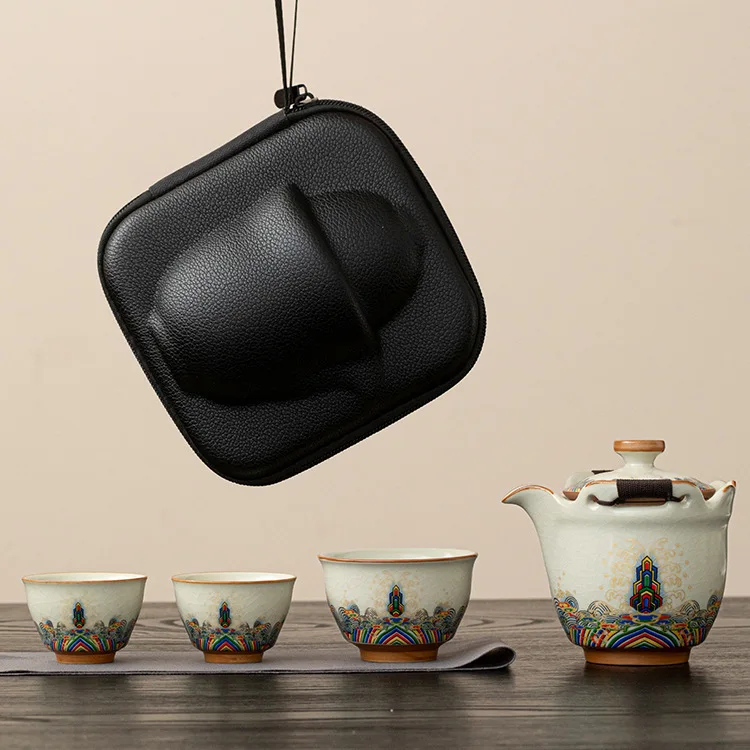 

Teaware Set Travel with A Pot and Two Cups Outdoor Stowaway Bag Portable Business Ru Kiln