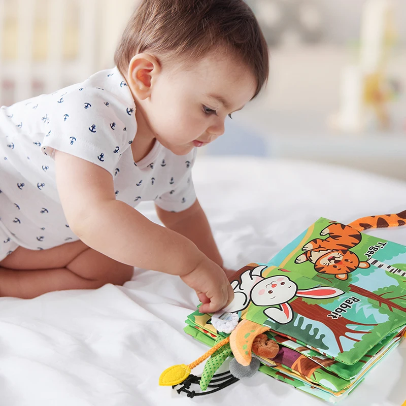 Vroeg onderwijs babydoekboek 6-pagina's dierfeest staartdoekboek kan geritsel geluid bijten Kinderspeelgoed verjaardagscadeau