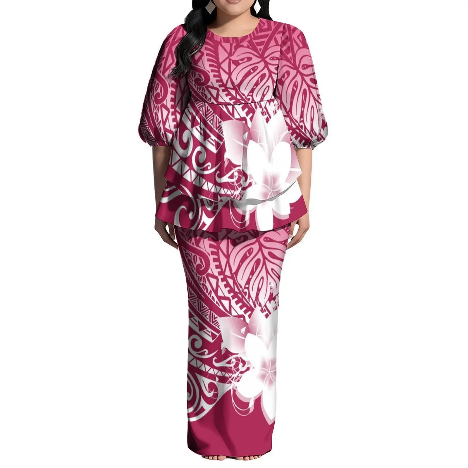

Samoan Floral Print Puletaha Dress For Women Two-Piece Dress Set Puletasi Top And Long Dress Island Style Ethnic Art Clothing