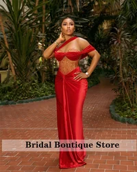 Luxury Red Velvet Mermaid Evening Dress 2024 Off Shoulder Glitter Sexy See-Thru Sequins Beading Diamonds Prom Party Gown Robe