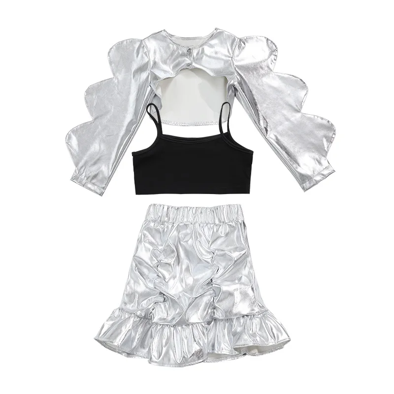 

Catwalk Dancer Jazz Hip Hop Girls Hiphop Street Silver Shiny Suit Dance Wear Costume Stage Performance For Kids Girls