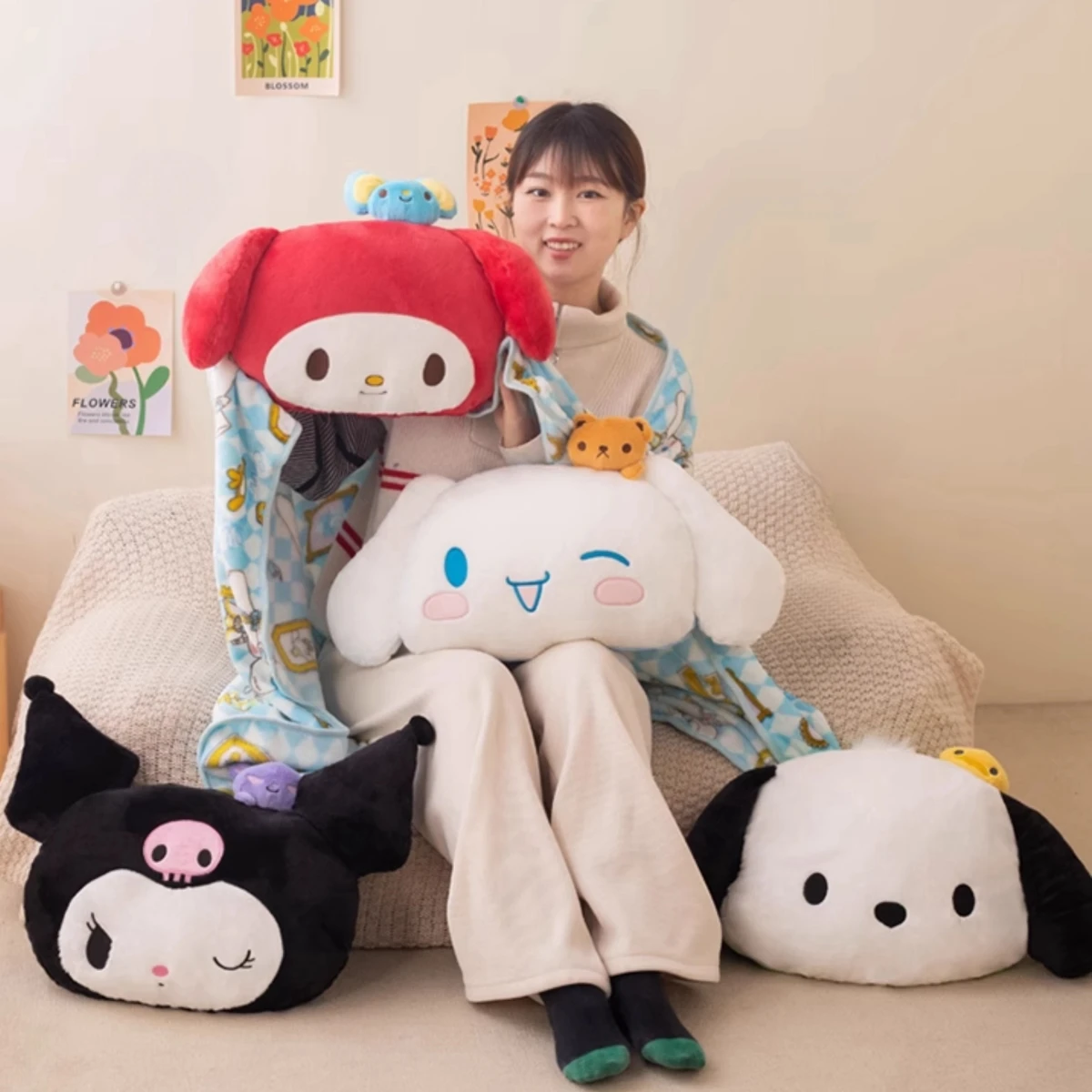 Lovely Anime Cushion Blanket Kuromi My Melody Cinnamoroll Pochacco Back Cushion Sofa Bed Nap Warm Blanket Cuddly Pillow Gifts