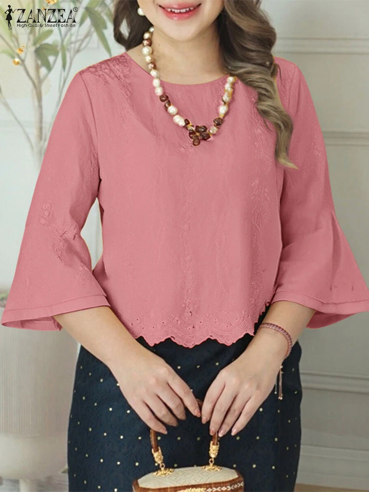 

ZANZEA Elegant 3/4 Flared Sleeve Blusas Mujer Commute Women Embroidered Floral 2025 Spring Woman Blouses O-Neck Office Smock Top