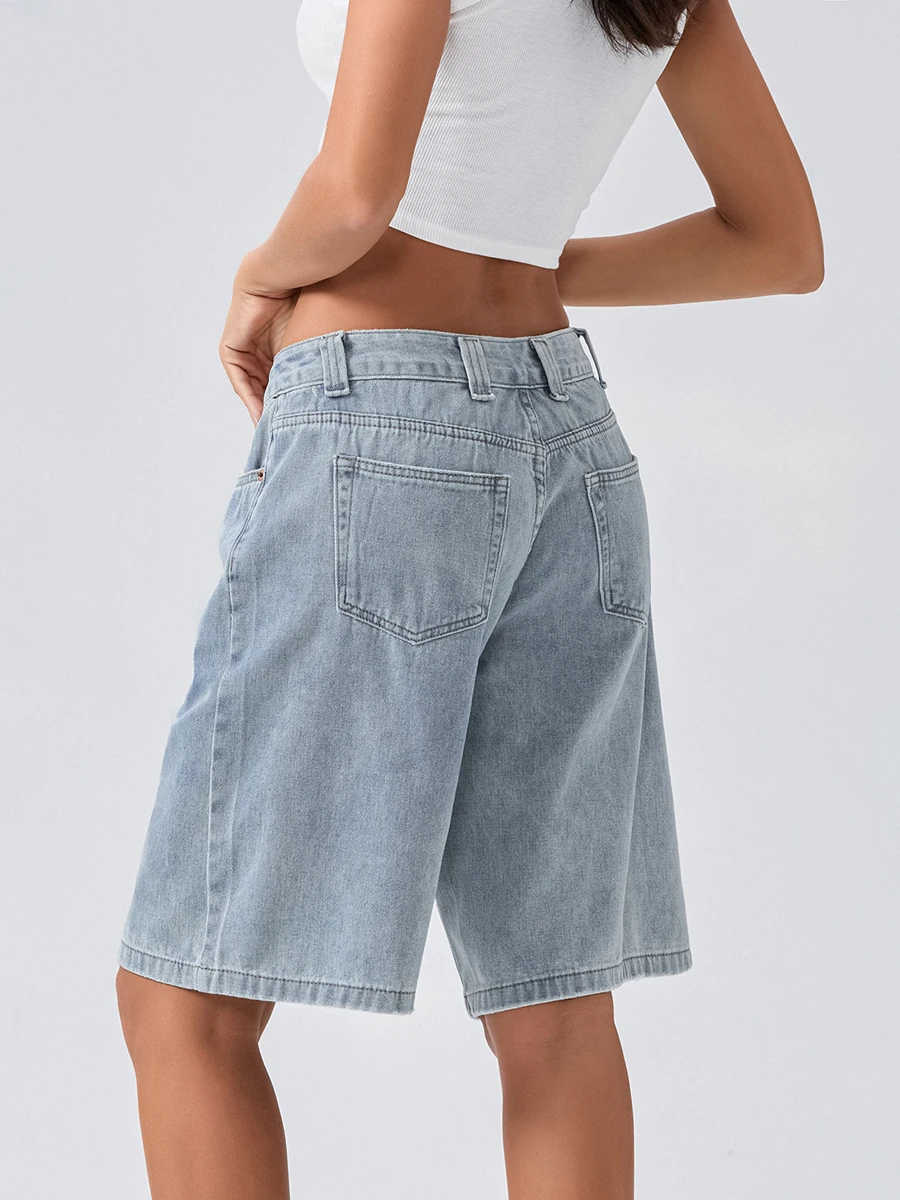 New Fashion Womens Knee Length Denim Shorts Loose Solid Color Low Rise Wide Leg Long Shorts With Pockets For Summer S-2XL