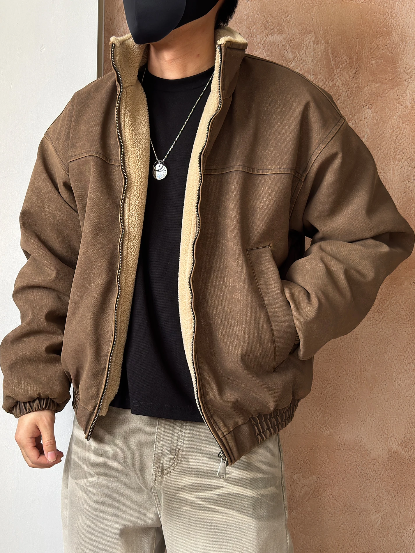 

American Sle ort Lamb Velvet Jaet Men's Thiened Fce Lined Cotton Workwear Winter Coat Brown Thiened Cotton Clothing