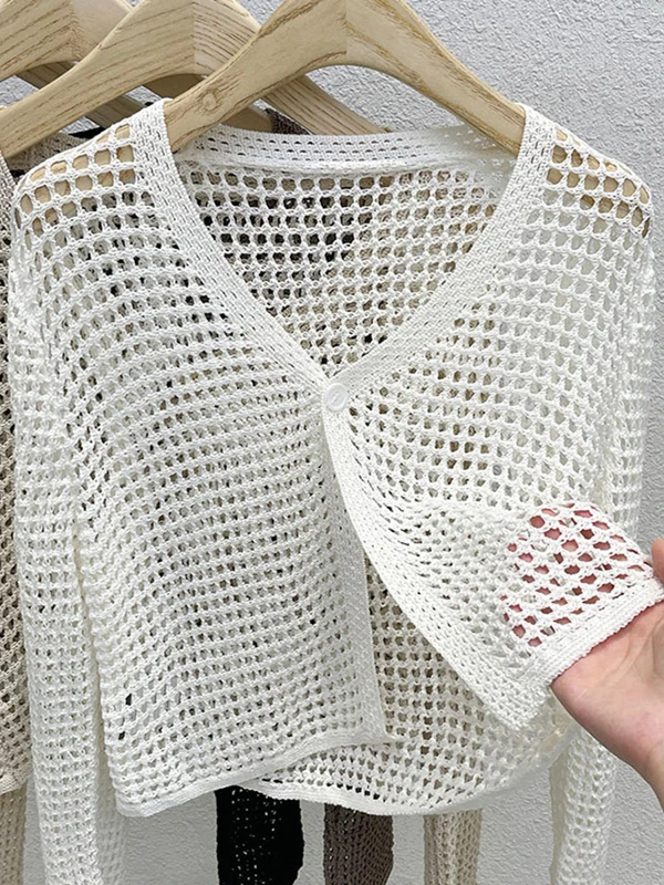 

Женский легкий вязаный кардиган с защитой от солнца, ажурный, для кондиционированных помещений, с V-образным вырезом, цветное пальто