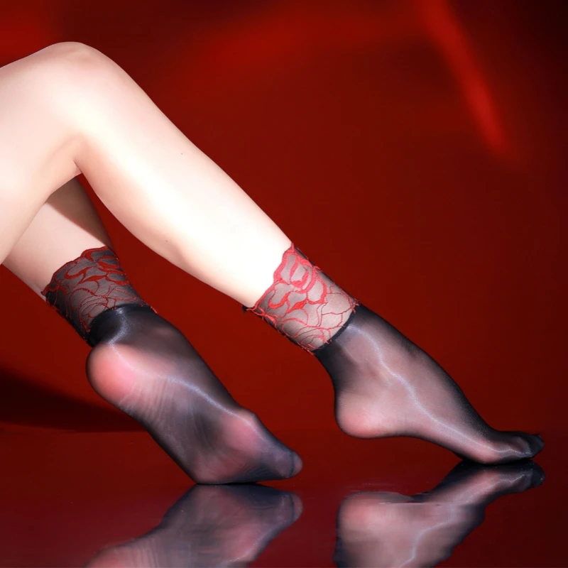Colorful Harajuku Ankle Socks Beautiful Lace Floral Oil Shiny Crystal Silk Socks Women Girls High Elasticity Soft Underwear