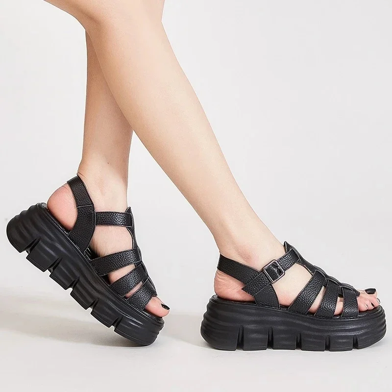 Women Sandals Summer Shoes Genuine Leather Roman Style Concise Open Toe Buckle Strap Wedges Platform Sandals Lady
