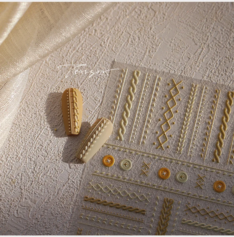 Patrón de rejilla de lana botón Bowknot pegatinas para decoración de uñas diseño en relieve adhesivo decoración artística de uñas de invierno de alta calidad