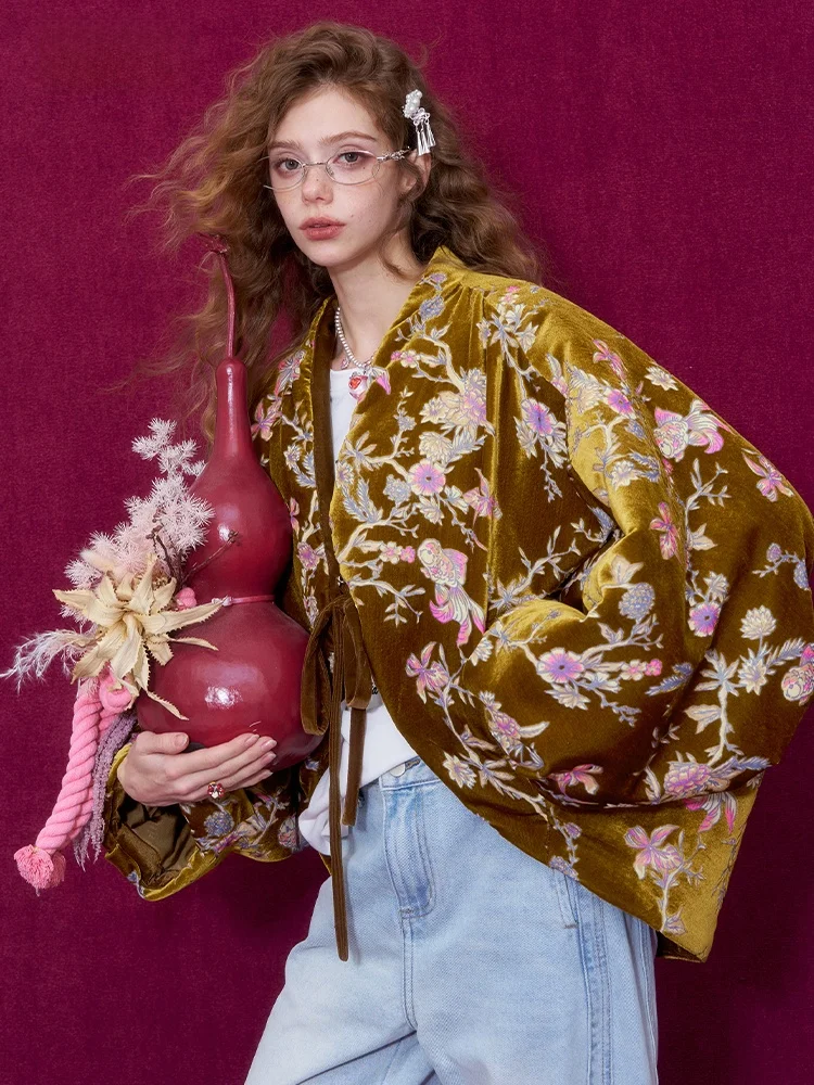 

Thi Velvet Winter Jaet Women's New Year's Robe Garden Sle Cotton Coat Elf Sa Brand Long Sve Loose Fit Polyester Fiber