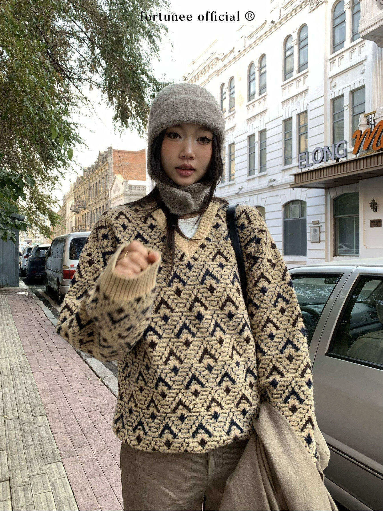 

Fortunee Autumn Winter New Sle Vintage Diamond Pattern Knitted Sweater V Ne Pullover Warmth Feeling Loose Fit Ladies Top