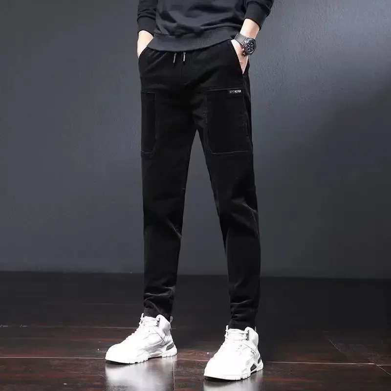 Fashion Loose Pockets Spliced Corduroy Bandage Casual Pants Men's 2023 Autumn Winter Oversized Solid Color All-match Pants