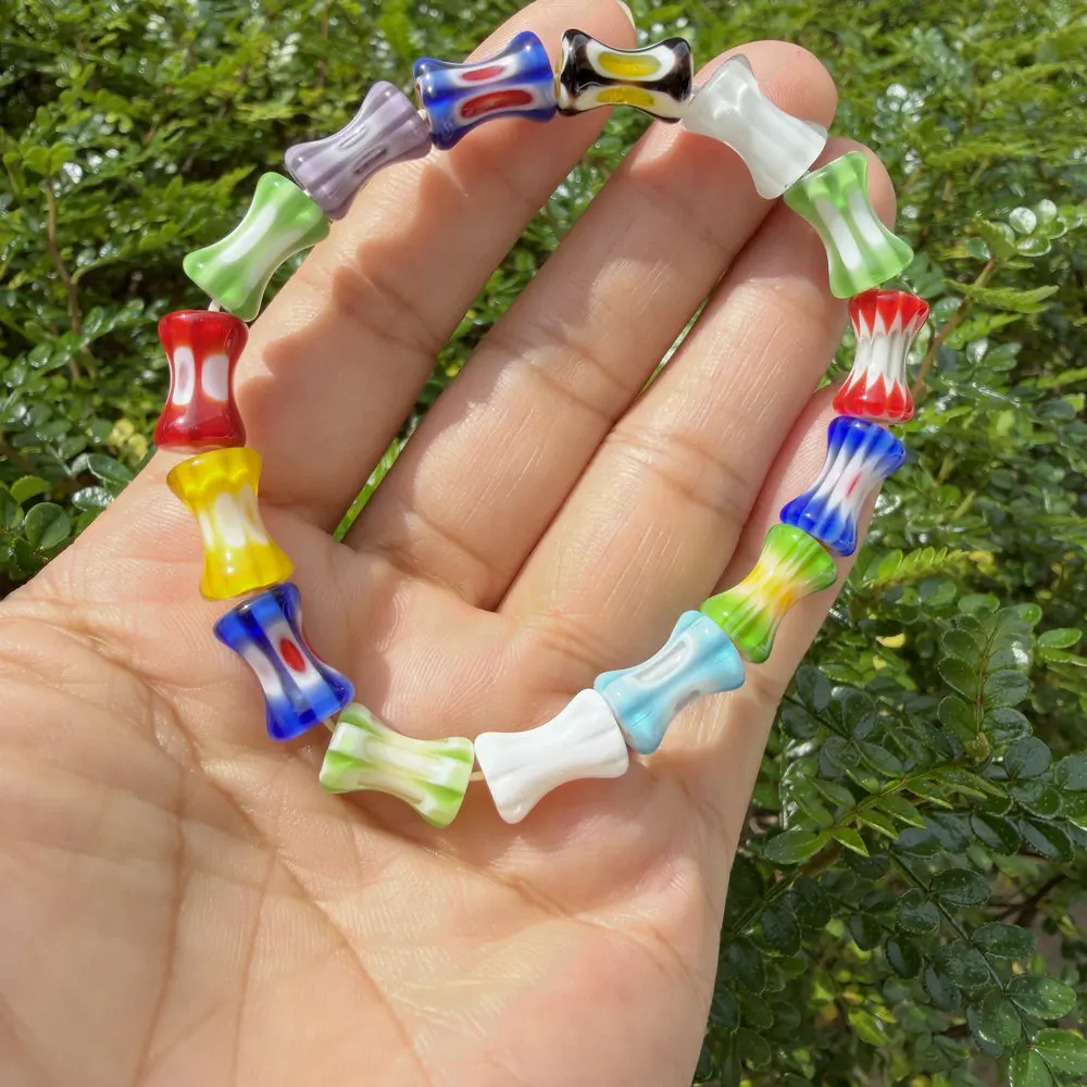 1PCBohemian Bone‑Shaped Millefiori Glass Bracelet Colorful Bamboo Joint Beads Handmade Elastic Bracelet For Women Travel Jewelry
