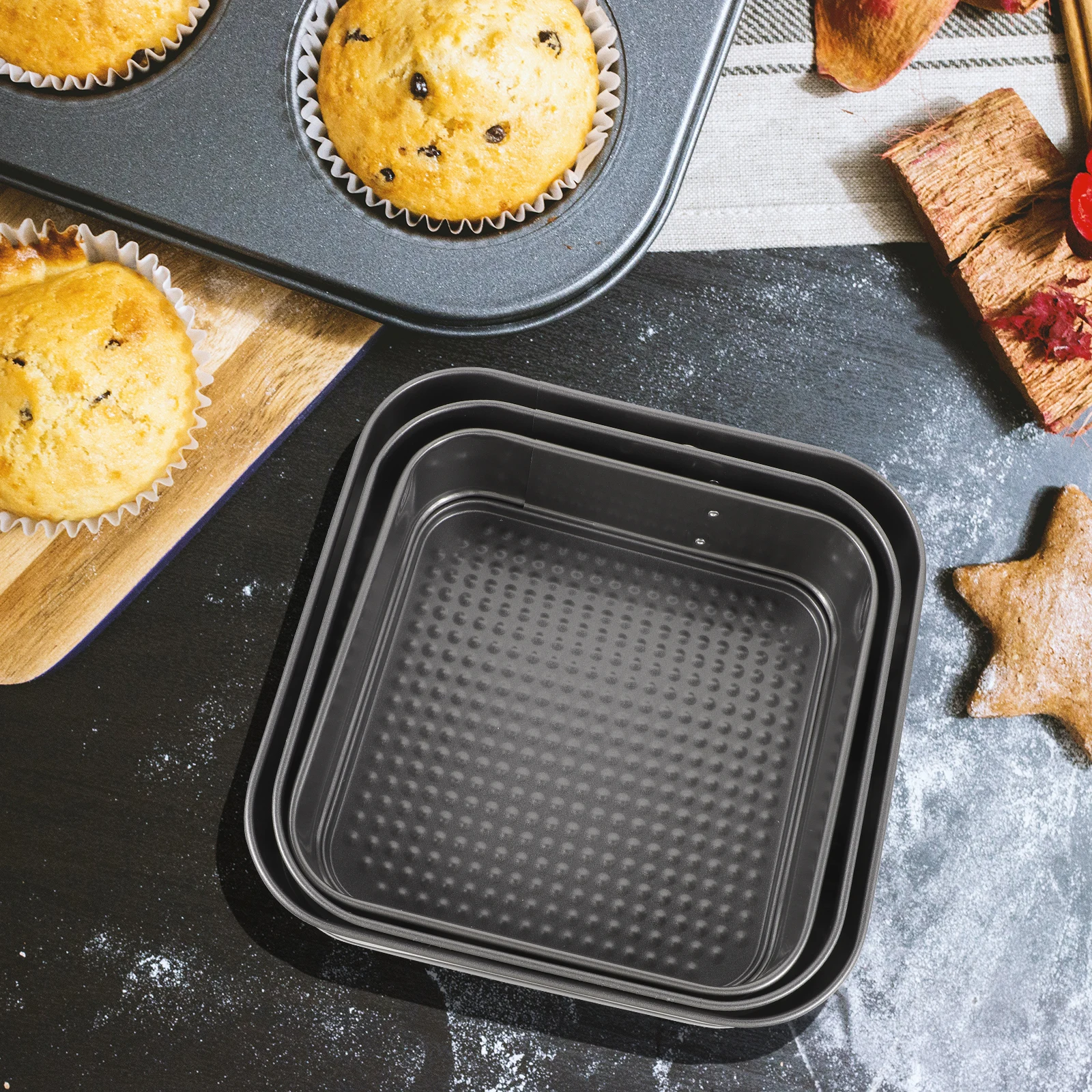 

3pc Square Cake Mold Non stick Baking Tray Live Buckle Honeycomb Bottom Black Easy Clean Wedding Birthday Celebration