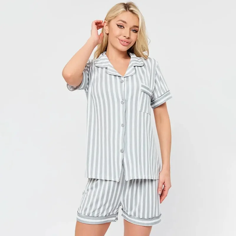 

Striped Crop Pajama Sets Shorts Set Women Home Clothing Outfit Lounge Pijama Sleepwear Pyjama