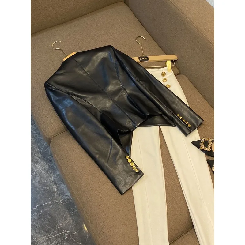 trendy Women's Clothing Faux Leather Coat Black Metal Double-breasted Slim No-wash Leather Suit Top Jacket Coat Women Jackets