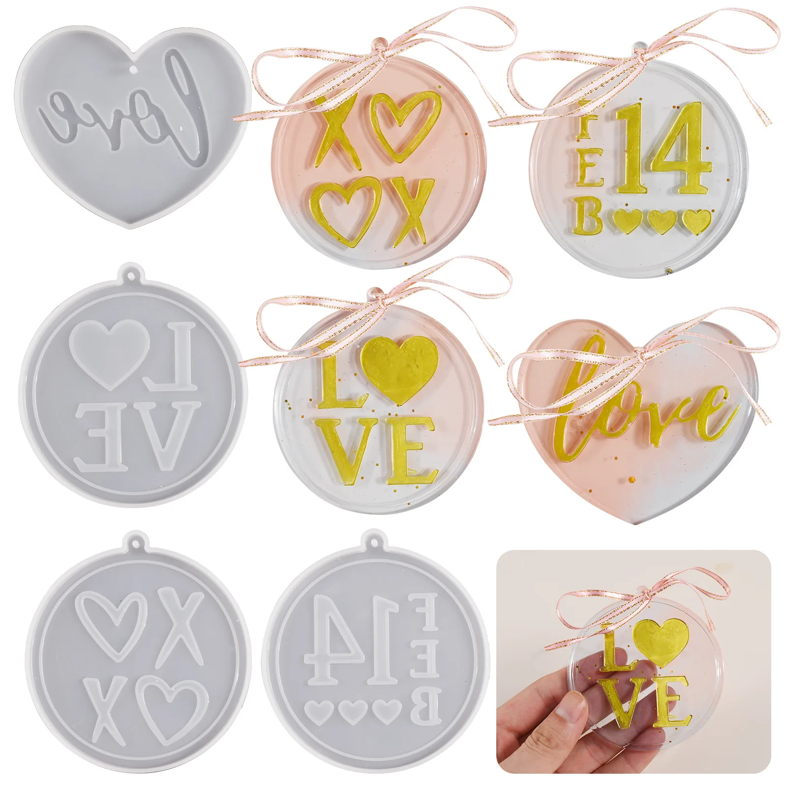 DIY Crystal Resin Heart-Shaped Circular English Love Hanging Pendant Keychain Valentine'S Day Silicone Mold Jewelry Decoration