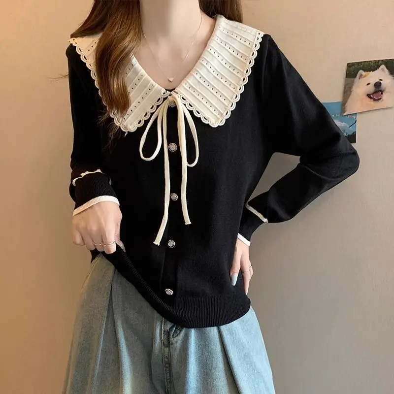 Knitted Shirt with Doll Style Knitted Base Long Sleeves for Reducing Age Bow Tie Hair New Chinese Style Top