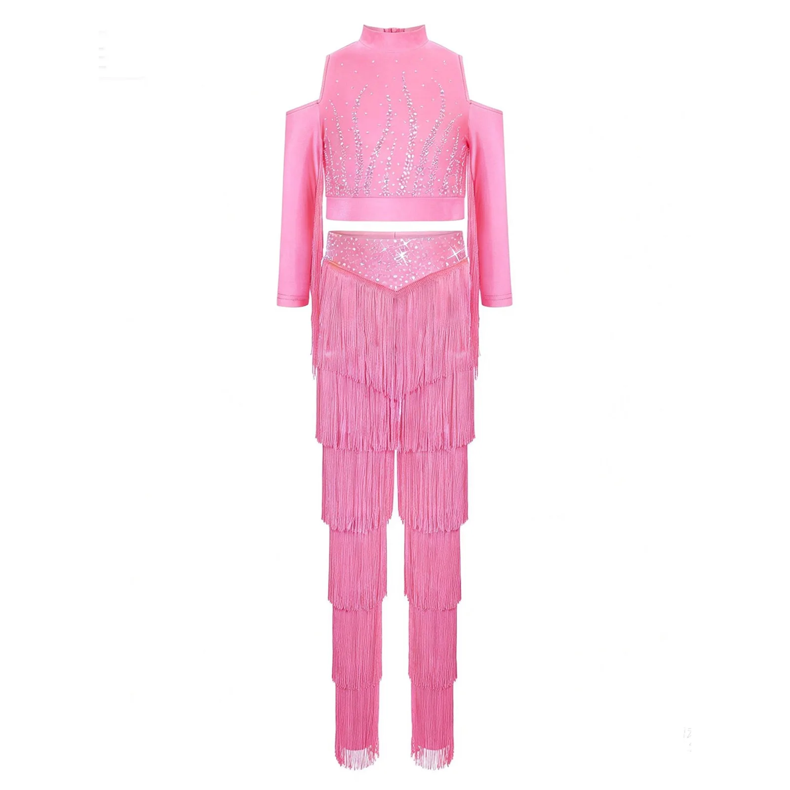

Детский костюм для латиноамериканских танцев (ча-ча, самба, румба) для девочек: укороченный топ с длинными рукавами, стразами и многоярусными бахромой, и брюки с многоярусной бахромой.