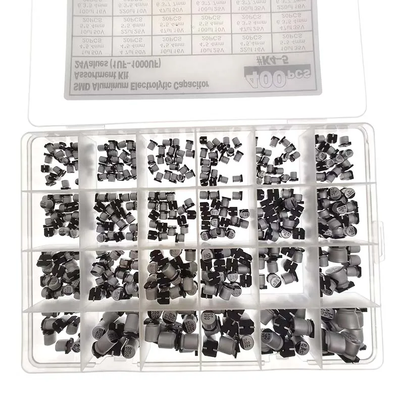 الألومنيوم مكثفات كهربائية SMD مجموعة متنوعة 400 قطعة 24 قيمة SMD 1 فائق التوهج ~ 1000 فائق التوهج 6.3 فولت-50 فولت 24 قيمة مع صندوق