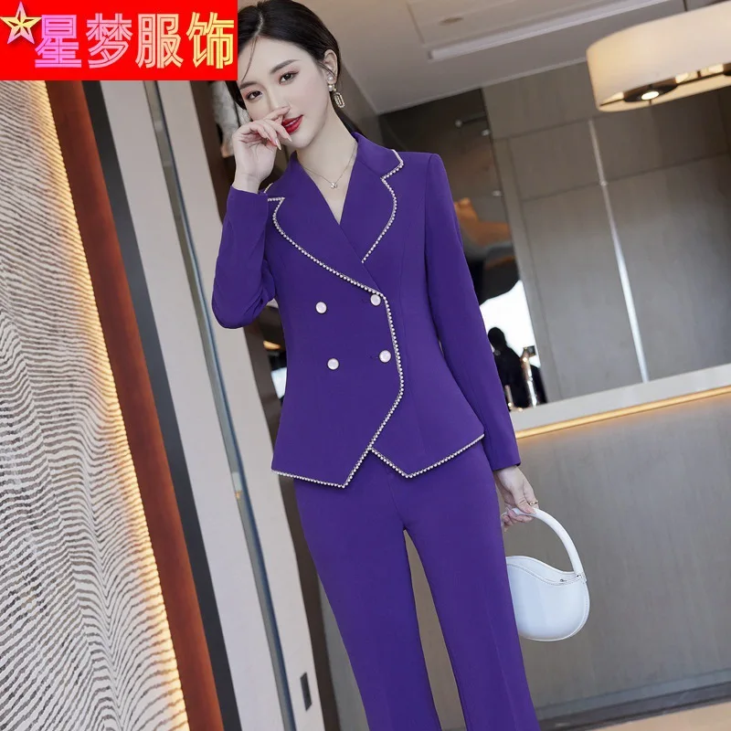 

Long Sleeve Fashion Temperament Slim Fit Slimming Women Work Uniforms Purple Socialite Business Wear Two-Piece Set Black Formal