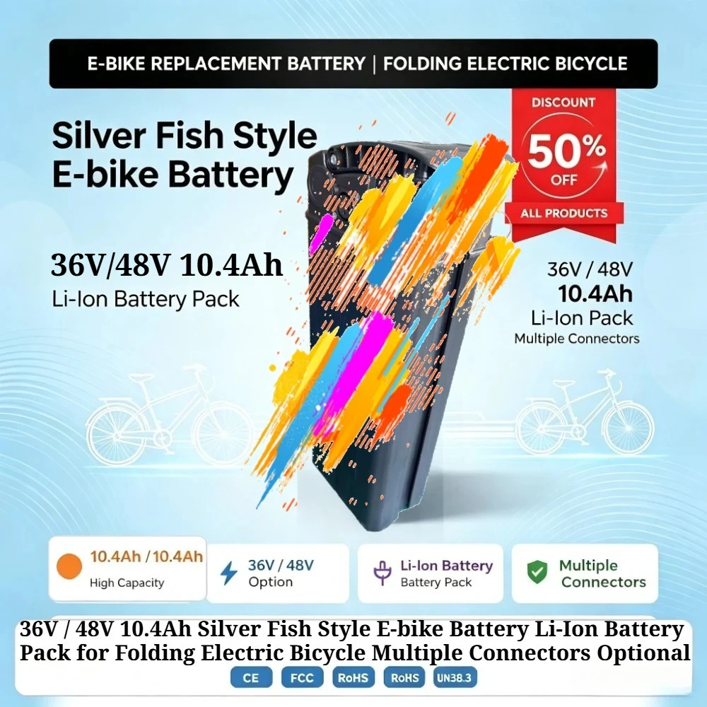 36V / 48V 10.4Ah Silver Fish Style E-bike Battery Li-Ion Battery Pack for Folding Electric Bicycle Multiple Connectors Optional