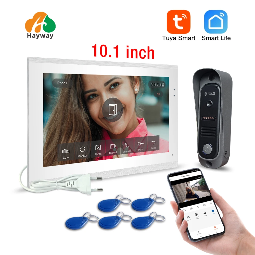 Tuya Wireless 10 بوصة شاشة ملونة تعمل باللمس 1080P طقم الاتصال الداخلي بجرس الباب للكاميرا، مع كشف الهاتف المحمول، فتح التحكم في الوصول إلى الهوية،