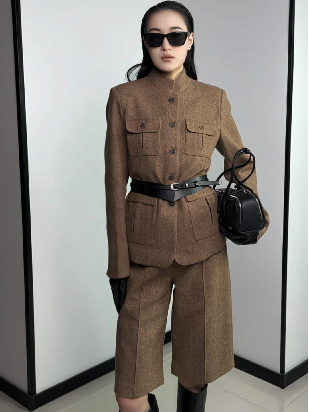 Vintage Workwear Suit Set for Women Autumn Winter New Style Retro Woolen Jacket And Trousers Two Piece Set