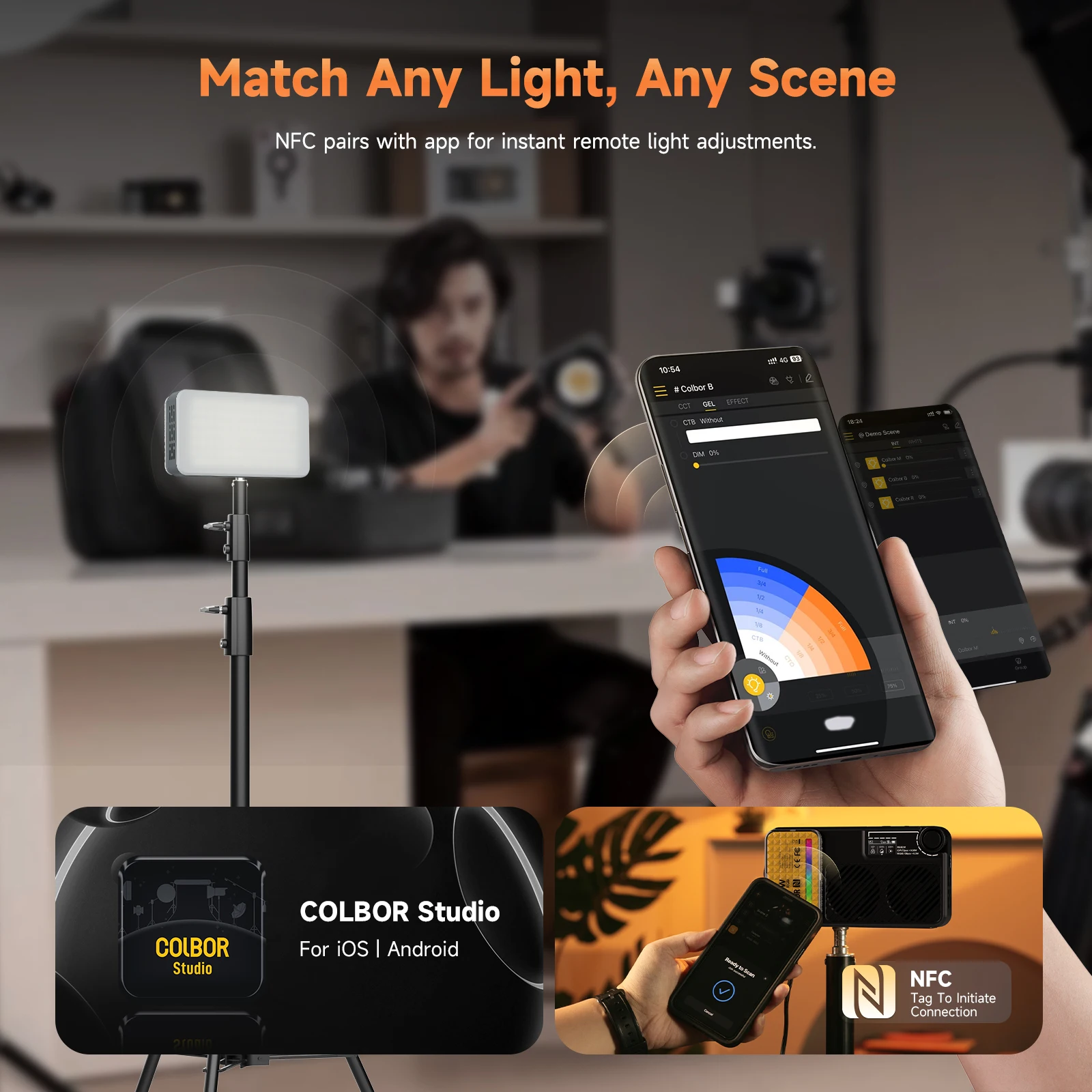 

COLBOR PC40R 40W RGB карманный видеосвет с управлением через приложение и NFC, 2700K-9000K, диммируемый светодиодный заполняющий свет для камеры для прямых трансляций и видеоблогов