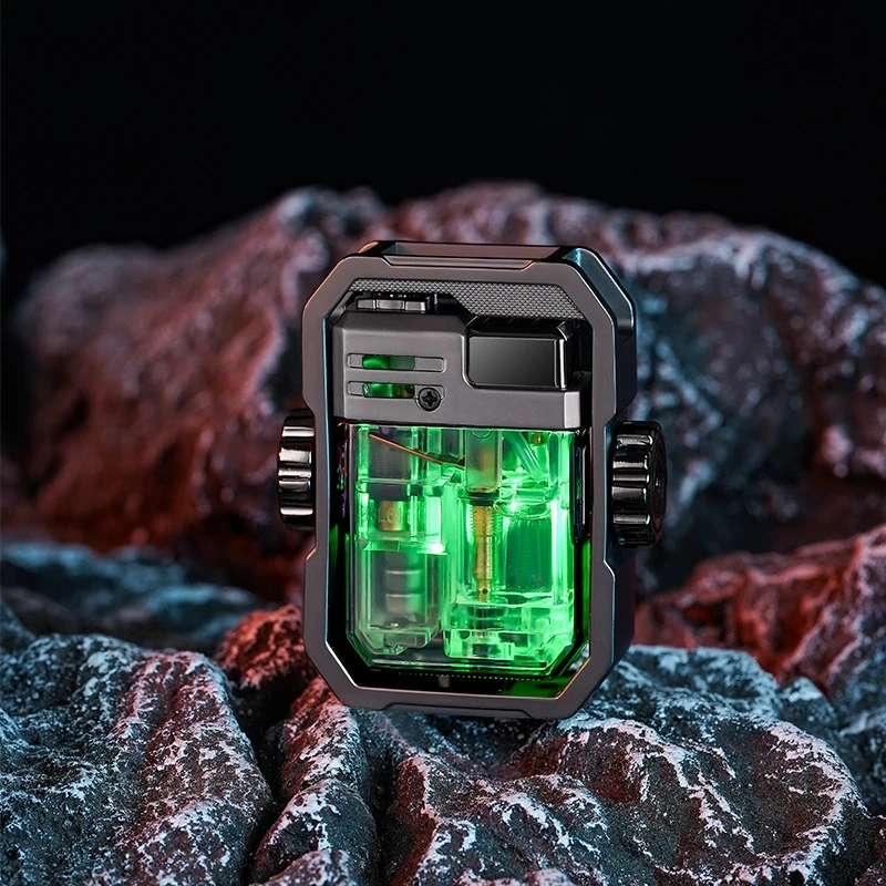 Mecha High Rotation Gyro Lighter Windproof Flame LED Light Transparent Air Warehouse Cross border Outdoor Barbecue Cigar Gifts