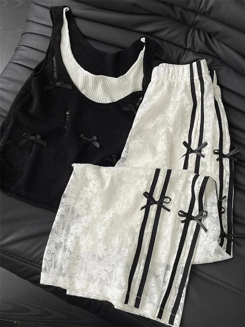 White Lace Wide Leg Pants Women's  Knot Stripe Girls All-Match Straight Leg Pants Korean Style High Waist Long Pants