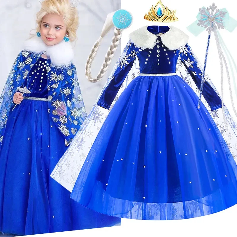 

❤2026★ Little Girl Sapphire Elsa Winter Dress with Cape Velvet Bodice Frozen Cosplay Halloween Clothing Child Christmas Prince❤