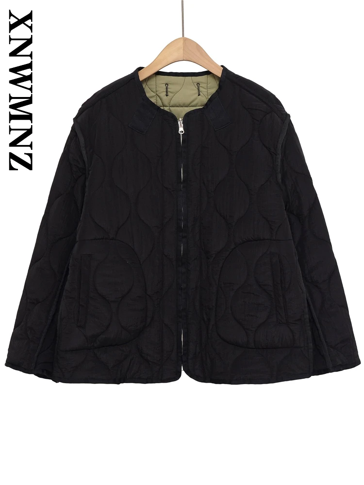 

XNWMNZ 2025 Autumn New Woman Vintage Casual Long Sleeve O-Collar Coat Commuting Lady Loose Fit Jacket zipper