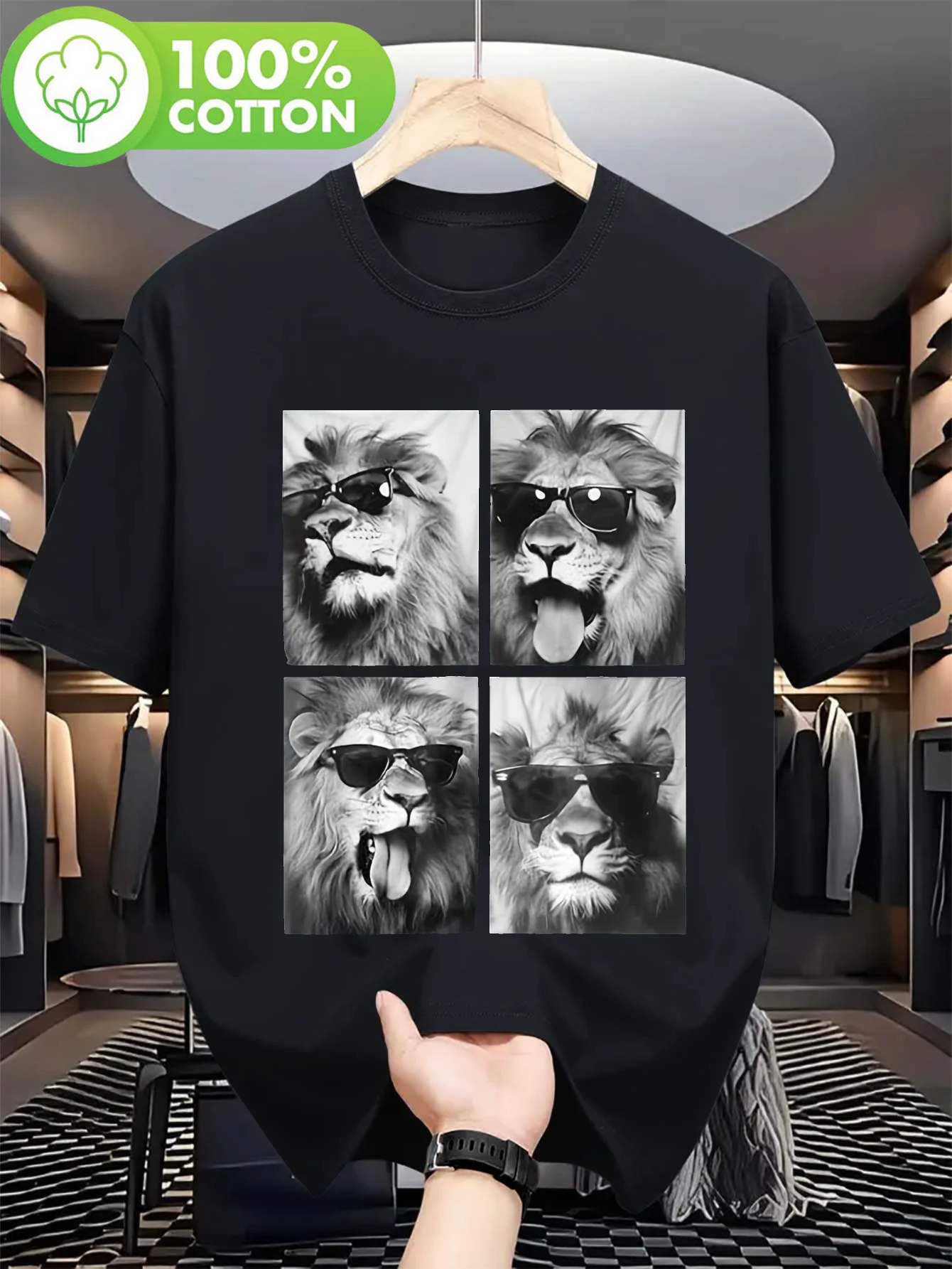 Camiseta para hombre con estampado de león inspirada en El Rey León - Diseño de león de 4 paneles con gafas modernas, algodón pesado de 240 g, camiseta informal de manga corta con cuello redondo para hombre, versión cómoda para las cuatro estaciones (negra) - Diseño de león genial para fiestas y uso casual