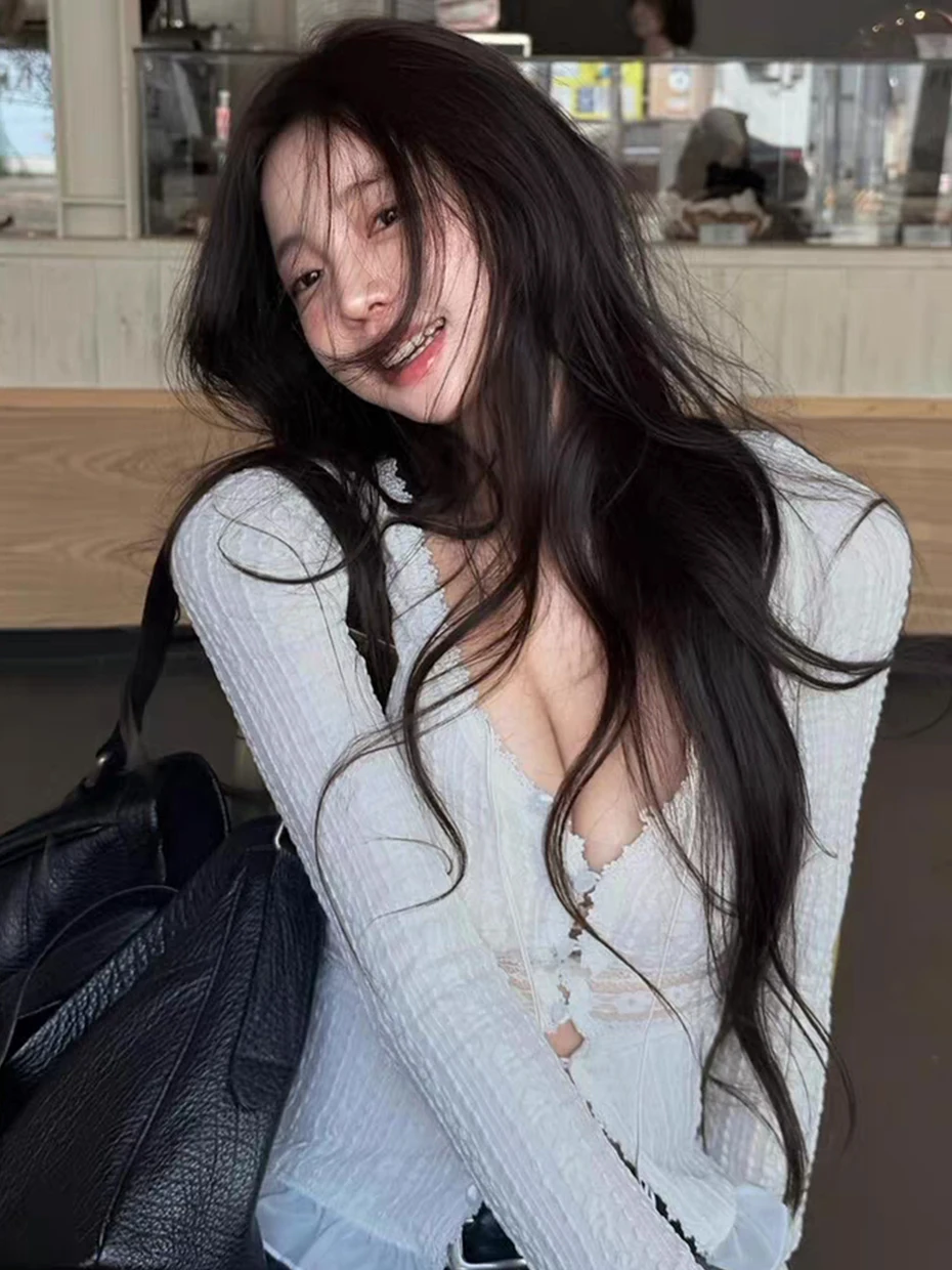 

Women's Lace Trim Sheer Shirt V-Neck Splice Slim Fit Sexy Pure Desire Spring Summer Fashionable Long Sleeve Casual Top