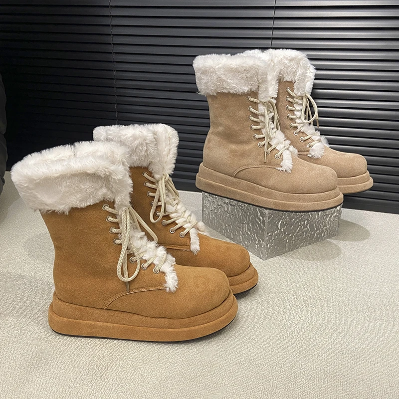 

Women's Thick Soled Height Increasing Snow Boots Autumn 2025 Plush Lined Lace-Up Furry Short Boot Fashionable Stylish Footwear