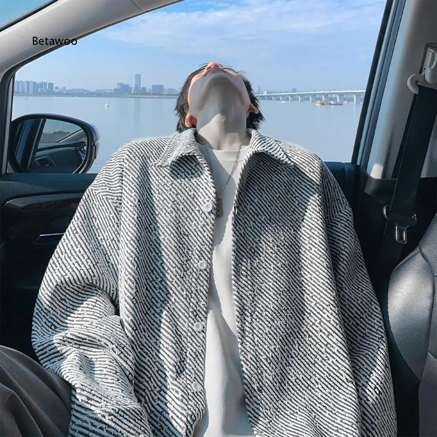 Men Lapel Button Up Jacquard Jacket Zebra Pattern Tweed Style Loose Outerwear for Autumn Street Daily Wear