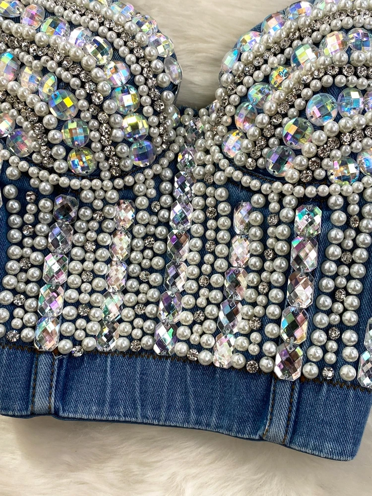 

Сексуальное сексуальное нижнее белье, костюм для выступлений, джинсовое бюстье с запахом и бриллиантами, женская верхняя одежда, модный топ из волокна