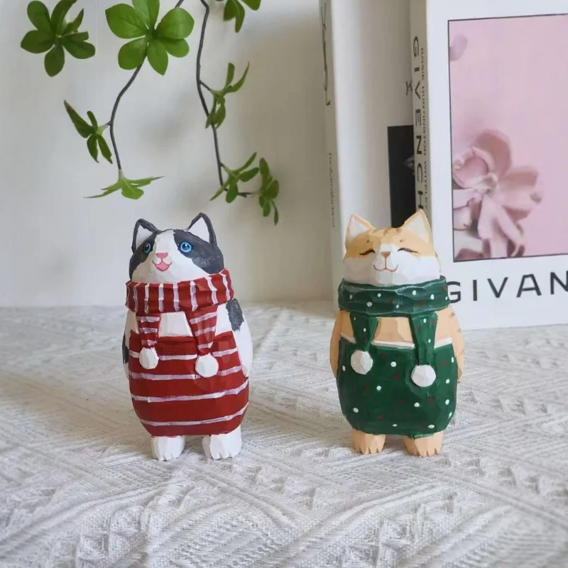 Dirty Cat Hand Carved Wood Figurine Wooden Carving Cartoon Interesting Desk Home Decoration Ornament Living Room Decoration